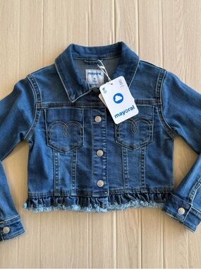 NWT Mayoral Girls Denim Jacket Heart Pockets Frayed Hem Size 5